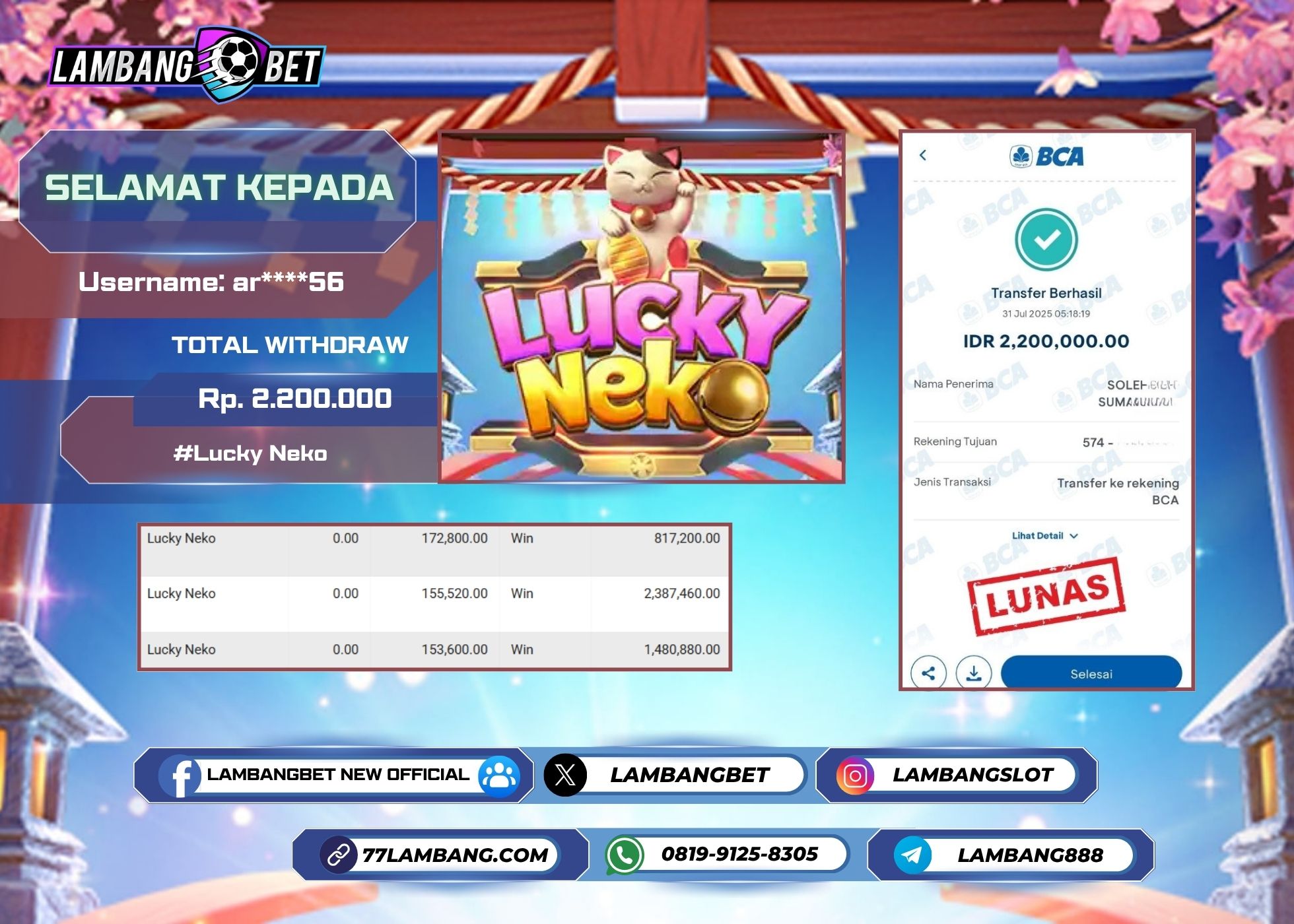 LAMBANGBET [31 JULY 2025] JACKPOT SLOT Lucky Neko "Rp2.200.000" LUNAS